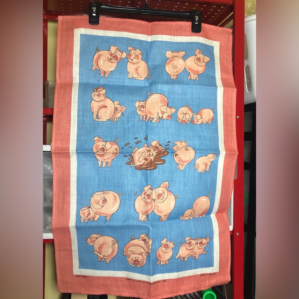 VTG 80s Ulster Weavers Linen Tea Hand Towel Happy Pig Ireland Kitschy 29”L